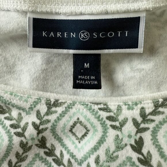 Karen Scott Casual Women's Top Sz Medium Geometric Leaf Pattern 3/4 Sleeve Green - Picture 3 of 7